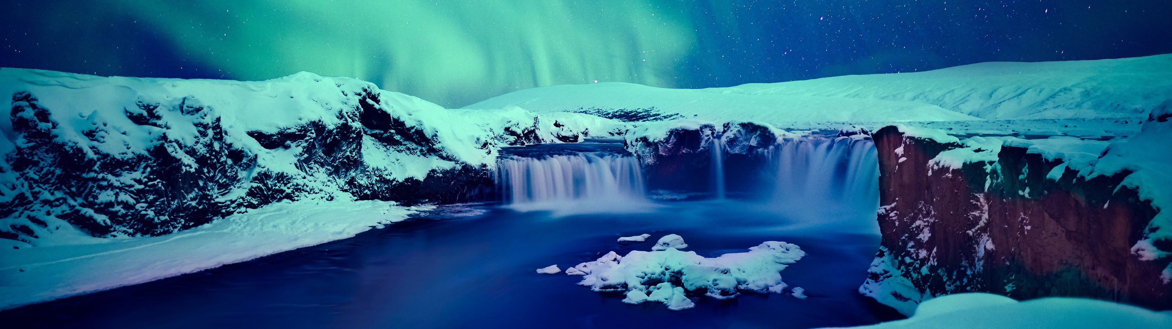 3840x1080 Snow covered Wallpaper 4K, Godafoss waterfall, Winter