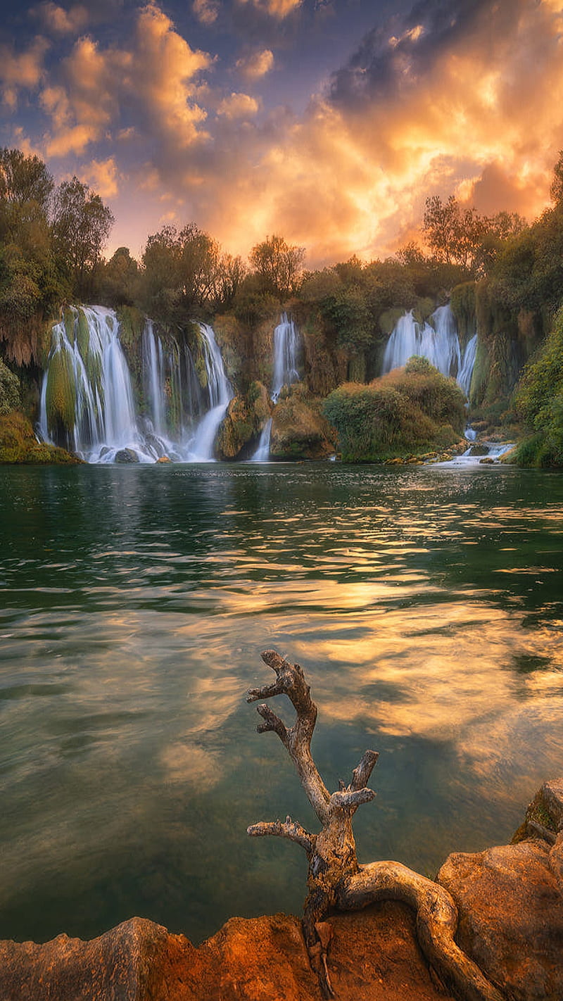 800x1422 Waterfalls, lake, nature, sky, sunset, water, waterfall, HD phone wallpaper