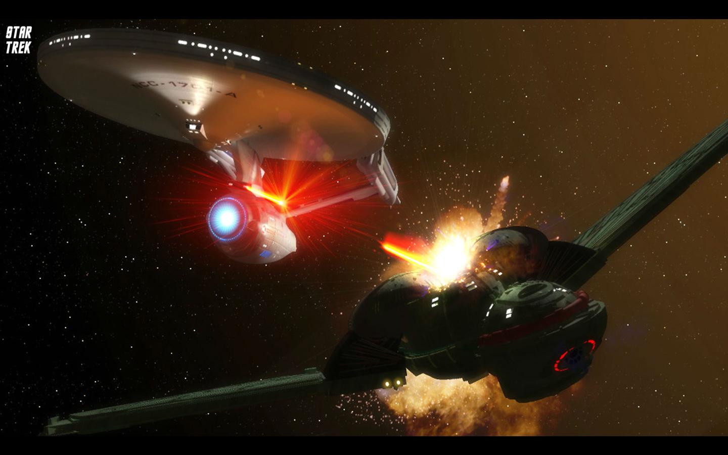 1440x900 Star Trek USS Enterprise Fires On Klingon Bird Of Prey, free Star Trek computer desktop wallpaper