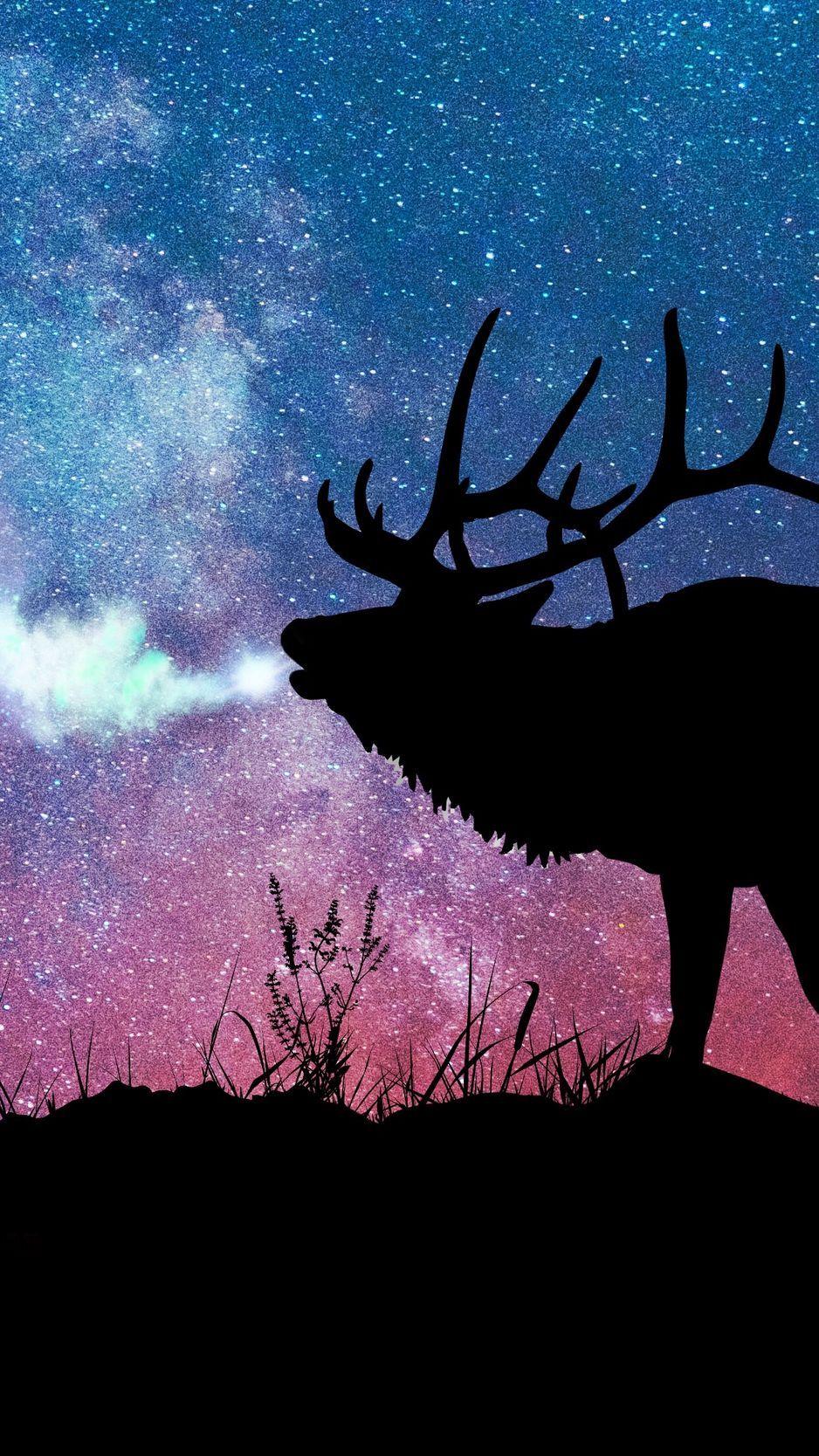 938x1668 Download Wallpaper 938x1668 Deer, Silhouette, Galaxy, Stars Iphone 8 7 6s 6 For Parallax HD Background