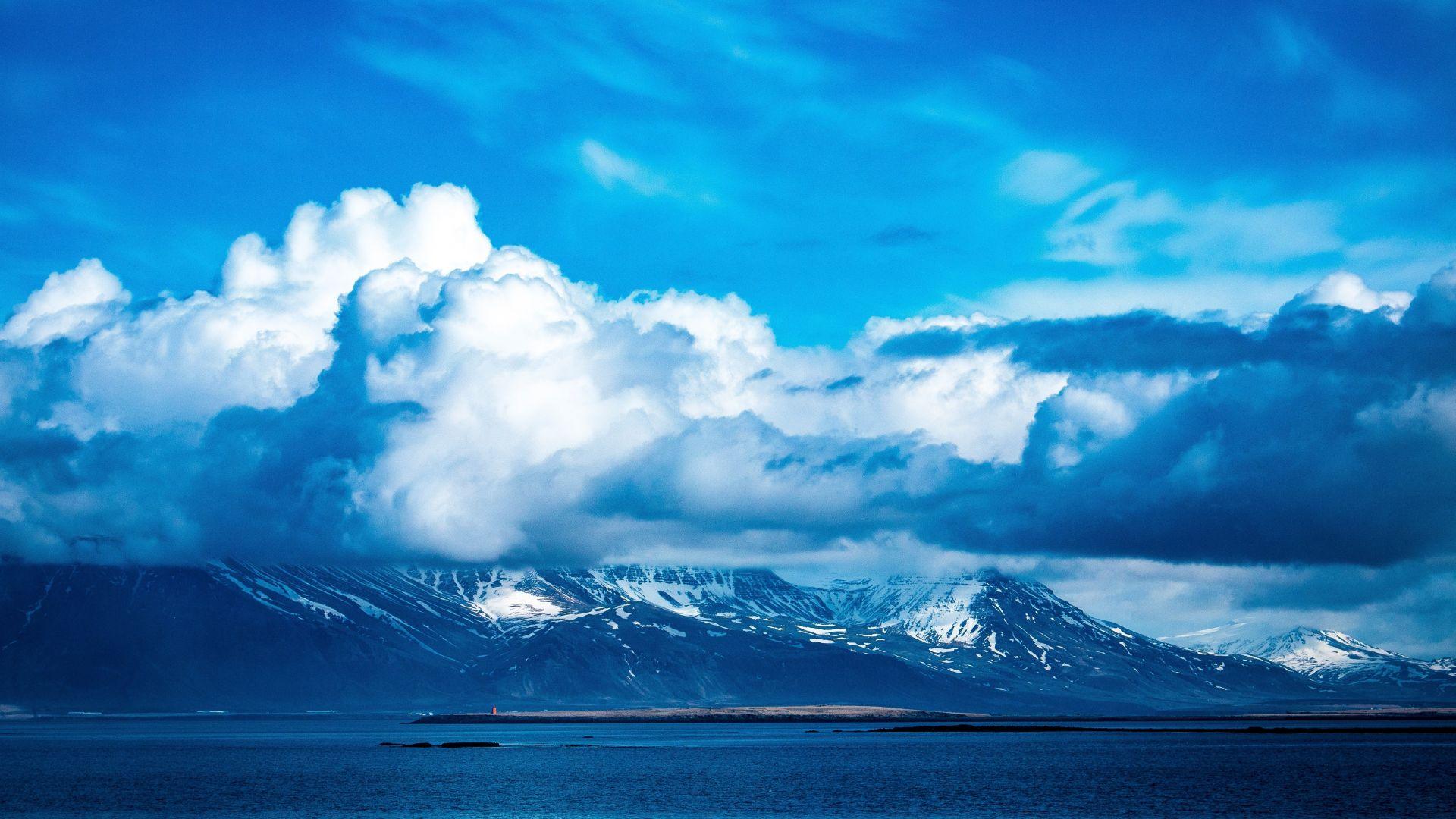 1920x1080 Desktop wallpaper blue sky, clouds, mountains, winter, sea, nature, HD image, picture, background, ae00f1