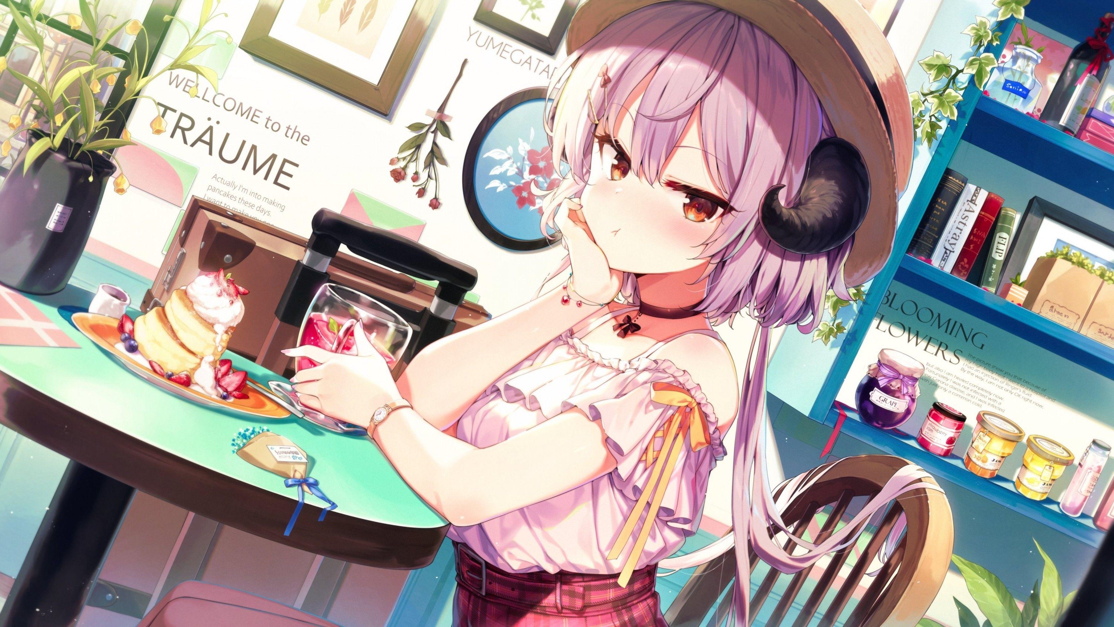 3840x2160 Download 3840x2160 Anime Girl, Pouty, Pink Hair, Horns, Cute, Cafe, Dessert Wallpaper for UHD TV