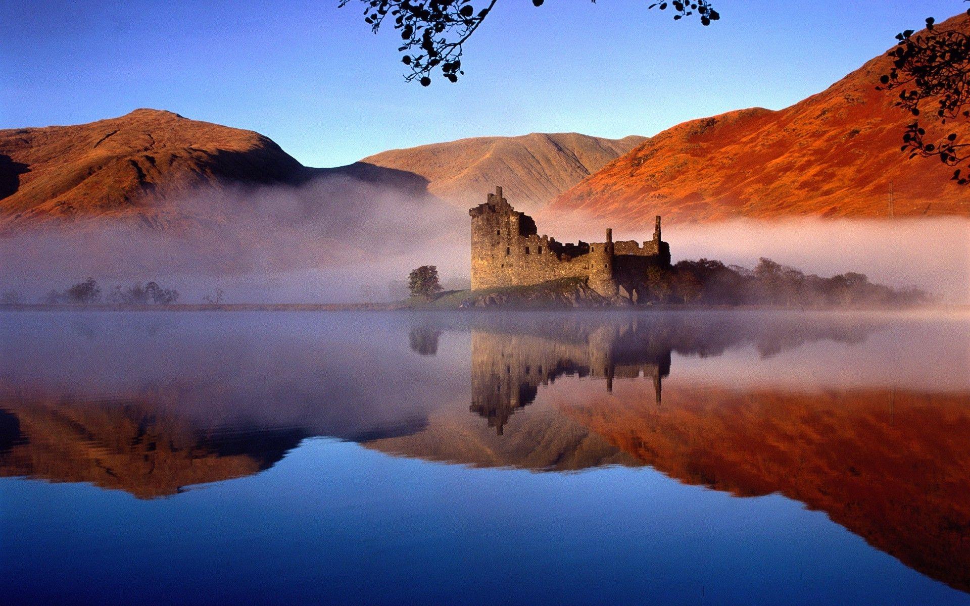 1920x1200 nature landscape architecture castle mountain water rock scotland uk lake ruin mist trees reflection HD wallpaper, Background