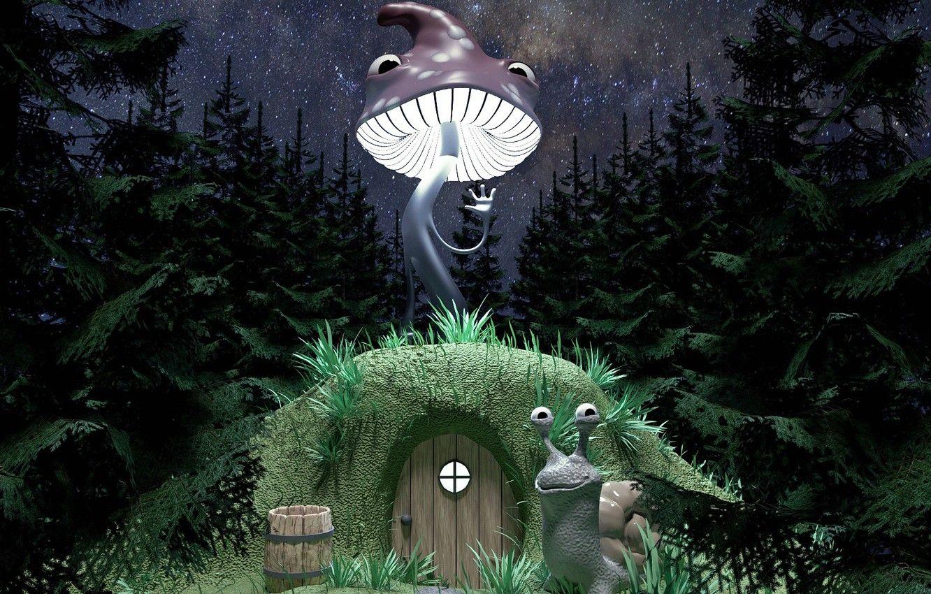 1332x850 Wallpaper comfort, house, mushroom, snail, hill, hi, 3Dmax, coronarender, night Wallpaper, starry forest image for desktop, section рендеринг