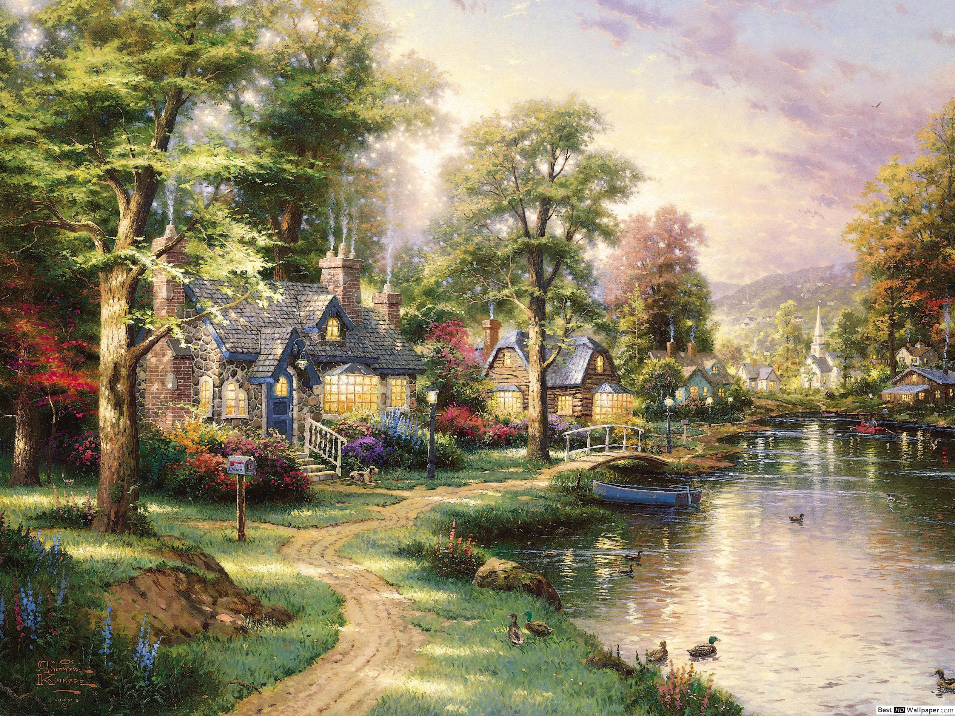 3200x2400 River Village HD wallpaper download
