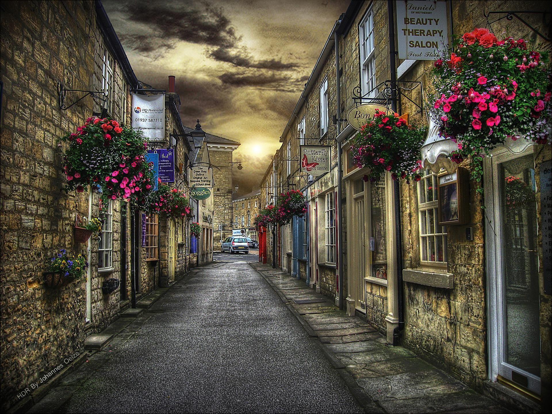 1920x1440 Sweet Village Street Hdr Flowers Shops Other Full HD 1080p
