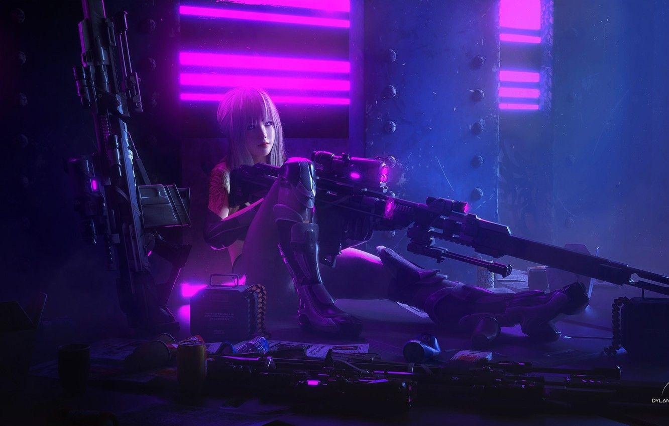 1332x850 Wallpaper look, girl, weapons, art, cyborg, Cyberpunk image for desktop, section фантастика