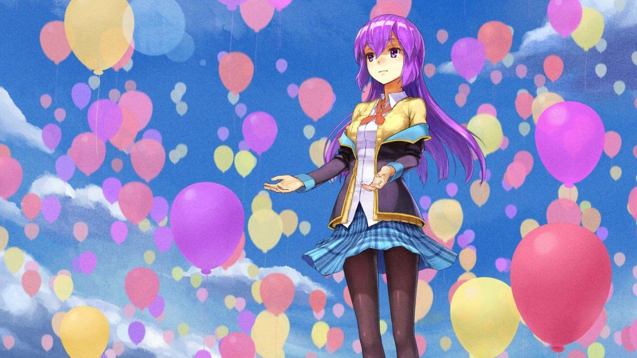 1245x700 Skirts long hair purple hair pantyhose air balloons purple eyes anime girls sleeves original characters sky wallpaperx1440