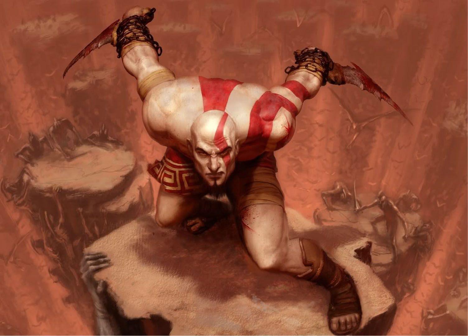 1504x1080 Threatening Bald Head Weilding The Blades Of Chaos Of War Wallpaper