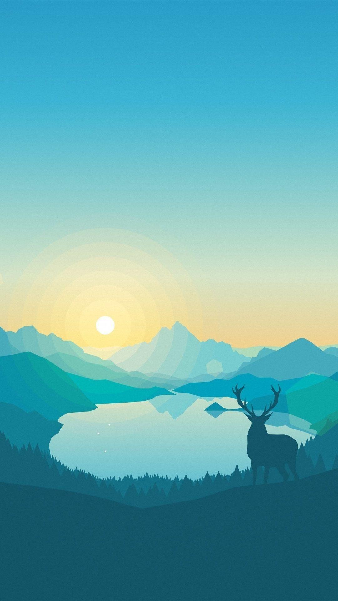 1080x1920 Vector Design, Landscape, Mountains, Lake, Trees, Deer 1080x1920 IPhone 8 7 6 6S Plus Wallpaper, Background, Picture, Image