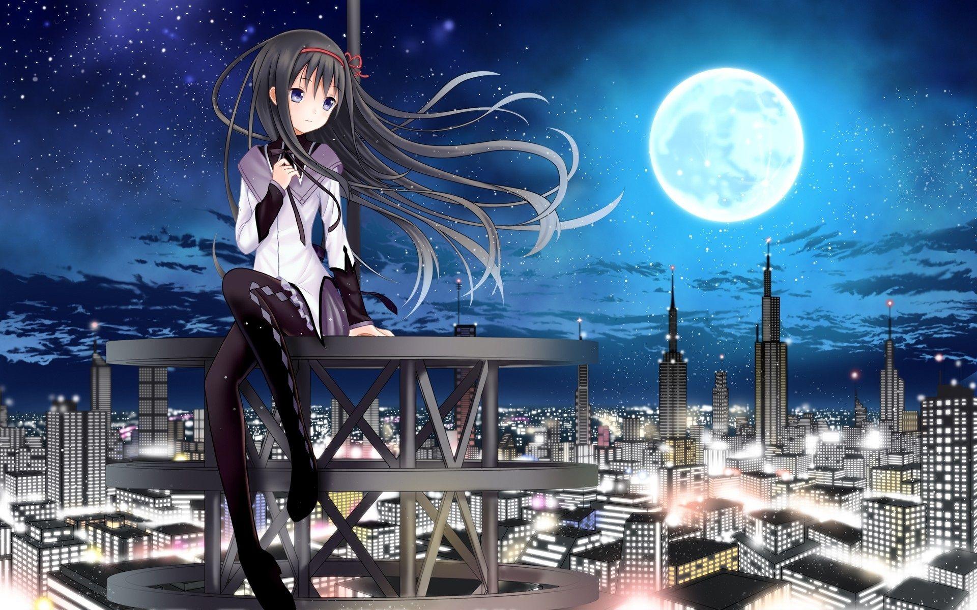 1920x1200 Wallpaper Anime girl sit on roof, city, skyscrapers, night, moon 1920x1200 HD Picture, Image