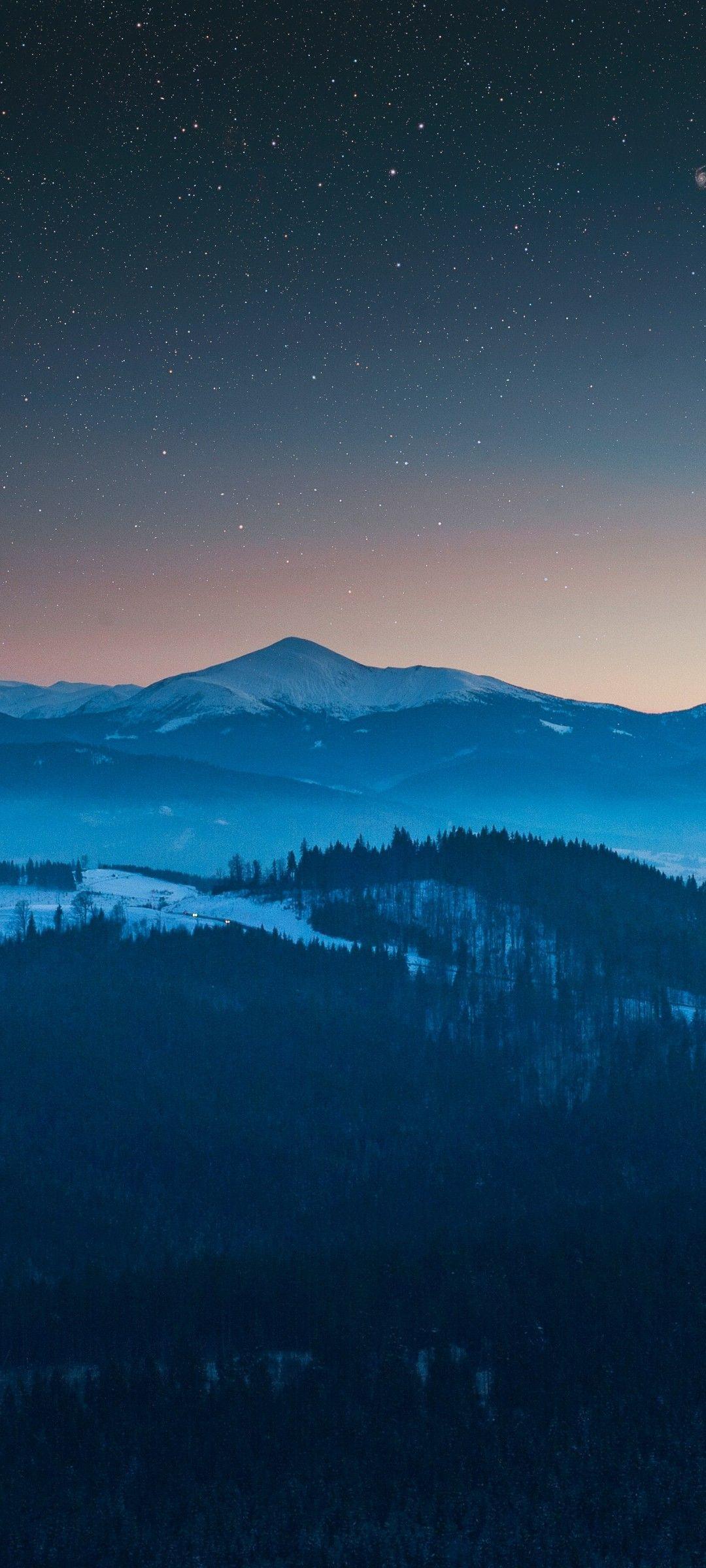 1080x2400 Evening 4K Wallpaper, Dusk, Forest, Mountains, Starry sky, Foggy, Winter, Sunset, Nature