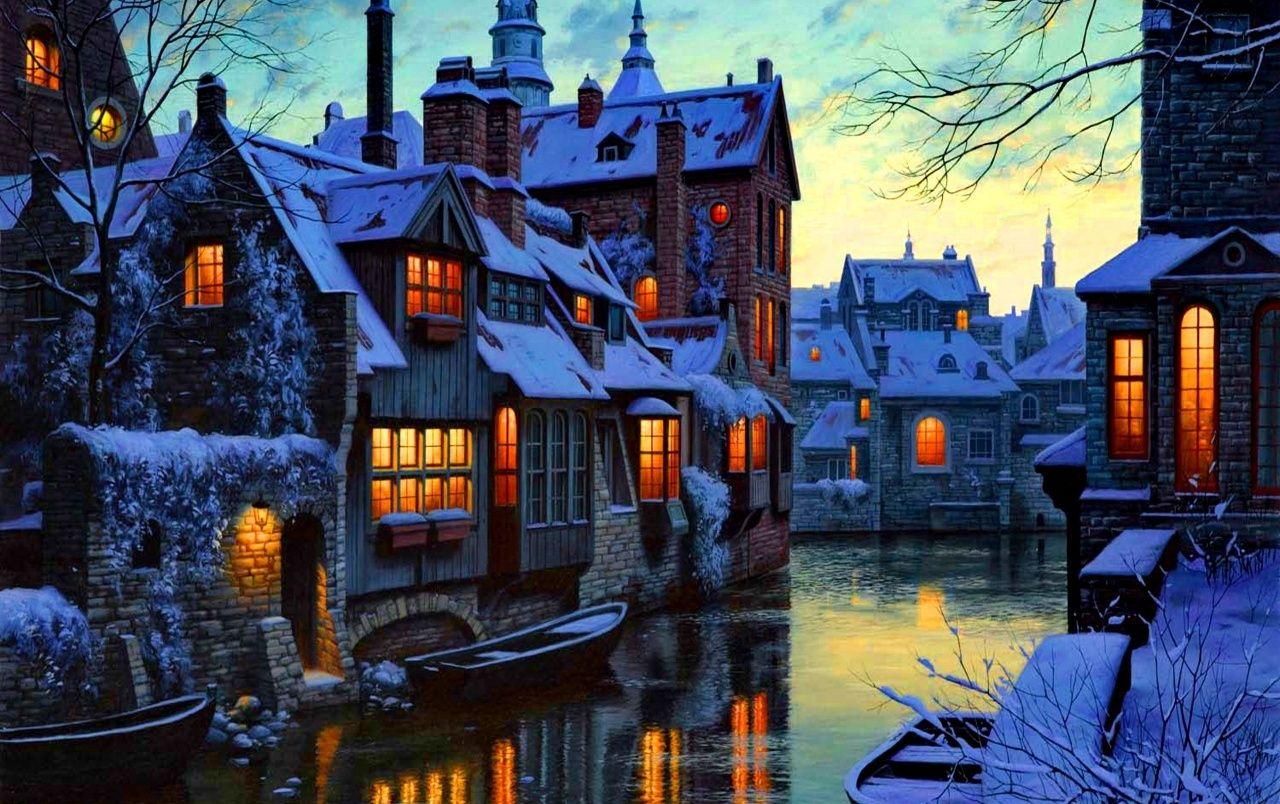 1280x804 City Lights Dusk River Winter wallpaper. City Lights Dusk River Winter