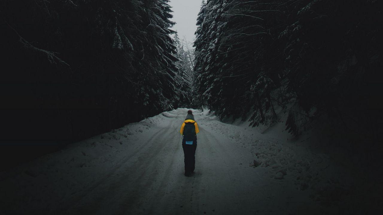 1280x720 Download wallpaper 1280x720 forest, road, silhouette, snow, winter, dusk hd, hdv, 720p HD background