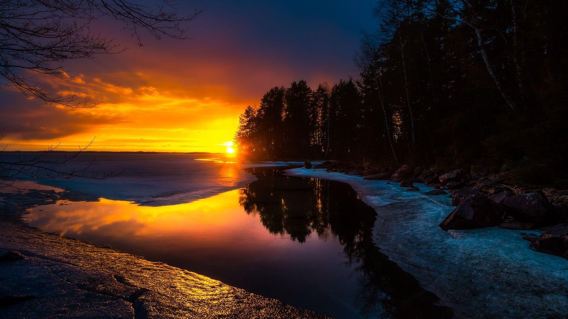 1920x1080 Wallpaper River, winter, trees, sunset, dusk 1920x1080 Full HD 2K Picture, Image