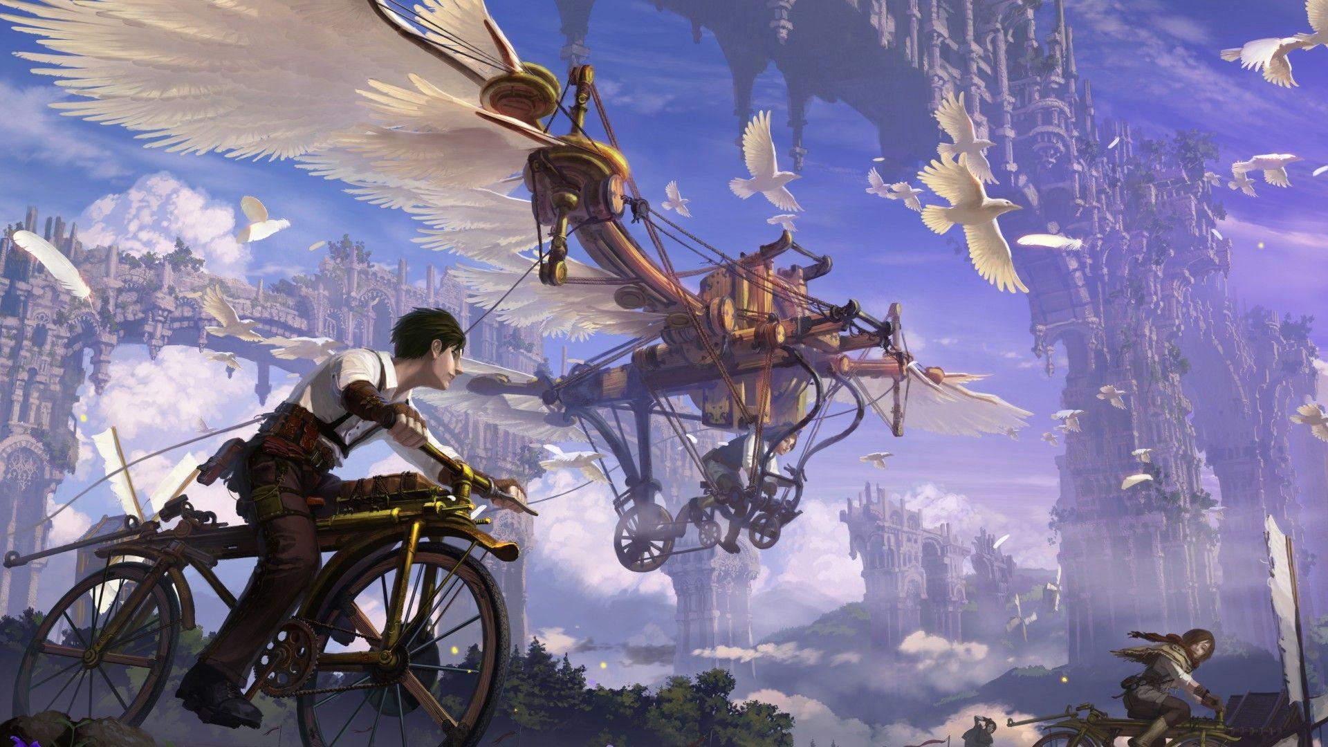 1920x1080 Download 1920x1080 Anime Landscape, Fantasy, Birds, Steampunk, Boy, Girl, Bicycle Wallpaper for Widescreen