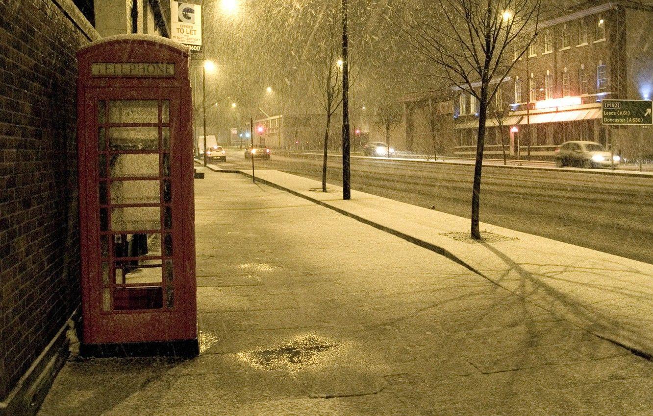 1332x850 Wallpaper night, winter, snow, street, England, avenue, snowy, Phone Booth, Phone, Telephone, Telephone Booth image for desktop, section город