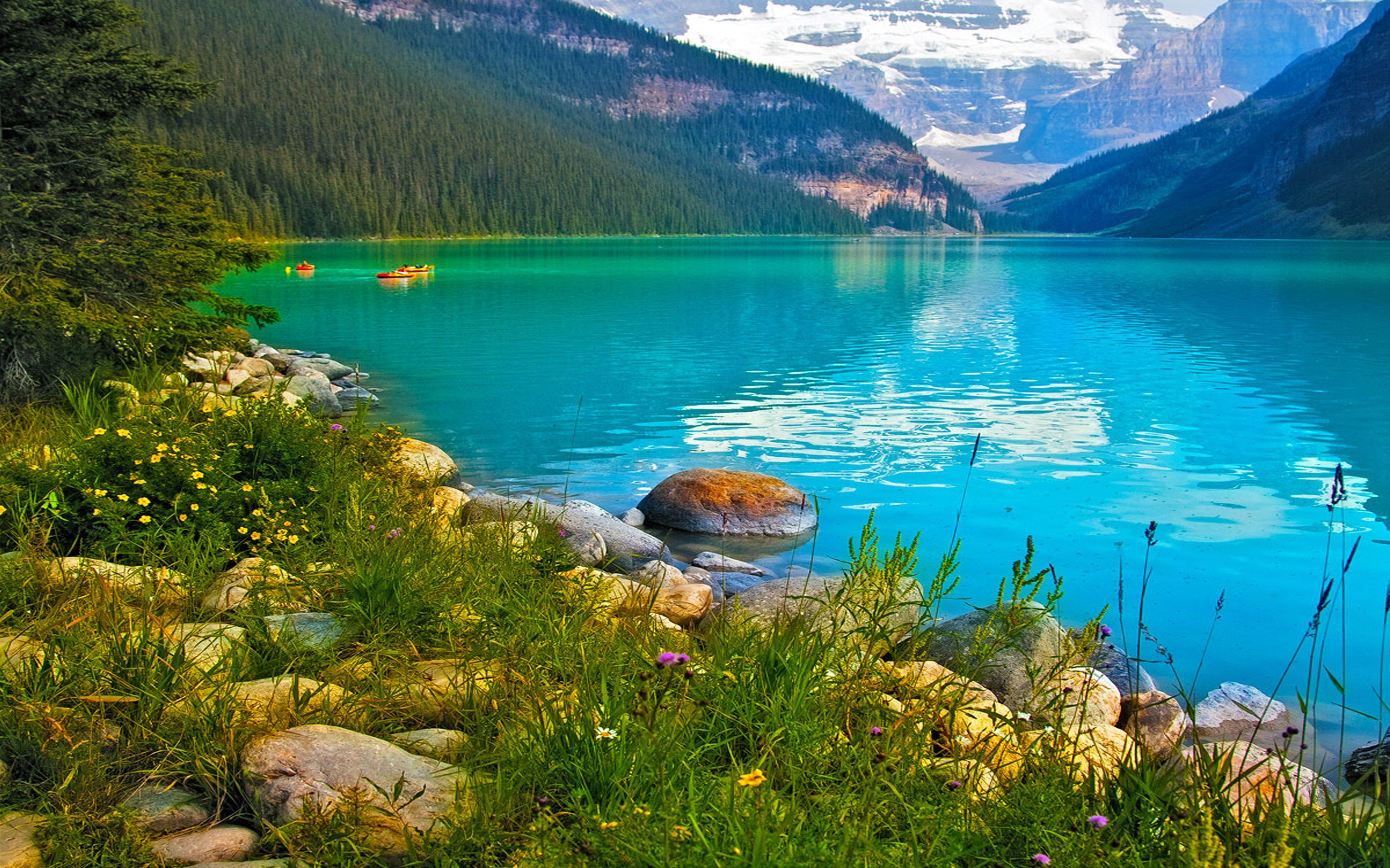 3840x2400 Turquoise Blue Lake Green Grass Flowers Stones Wallpaper HD :