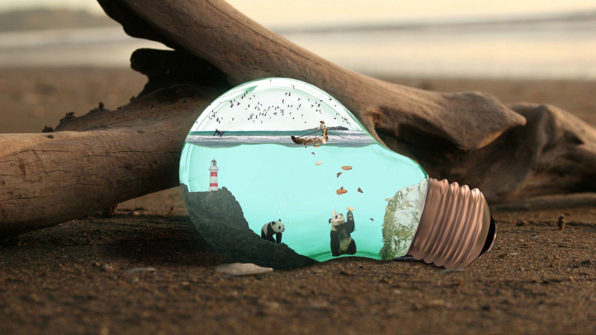 1920x1080 light, water, beach, trees, animals, summer, panda bears, imagination, underwater, photo manipulation, light bulb wallpaper