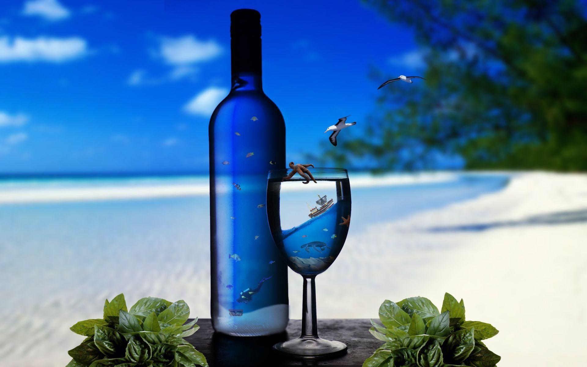 1920x1200 Ocean sand sea underwater Shore with a glass bottle