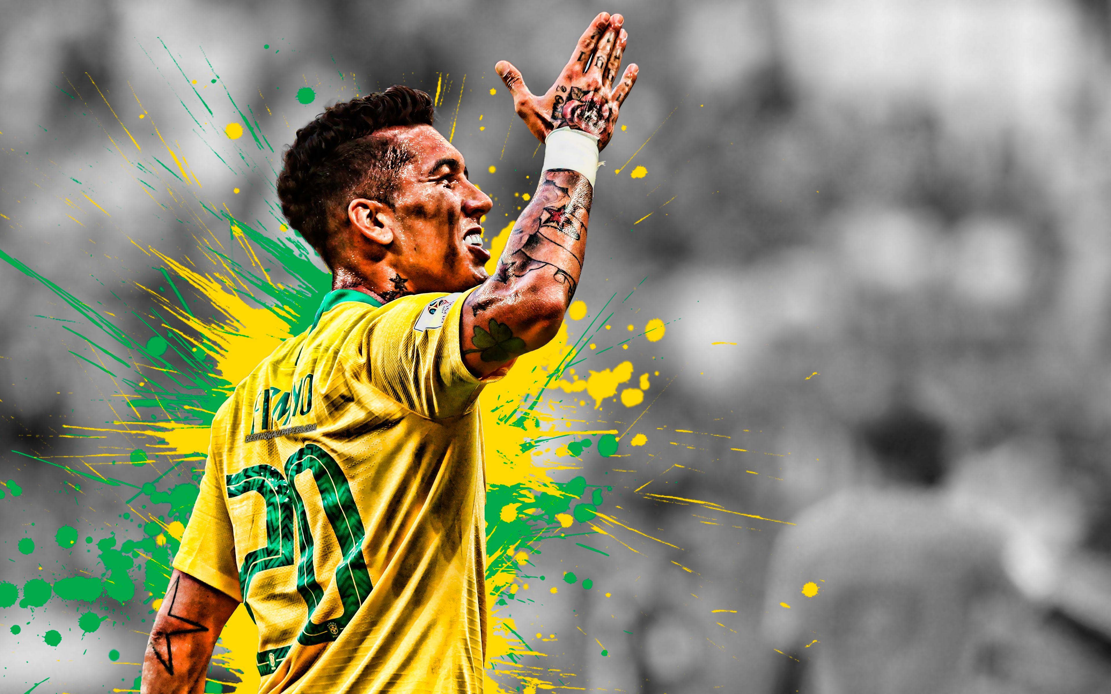 3840x2400 Download wallpaper Roberto Firmino, Brazil national football team, 4k, Brazilian soccer player, attacking midfielder, striker, portrait, soccer, art, Brazil for desktop with resolution 3840x2400. High Quality HD picture wallpaper
