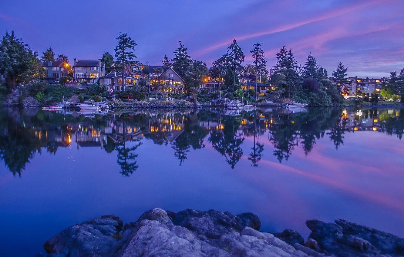 1332x850 Wallpaper trees, reflection, river, Marina, home, Canada, Canada, British Columbia, boats, British Columbia, Vancouver Island, Vancouver island image for desktop, section пейзажи