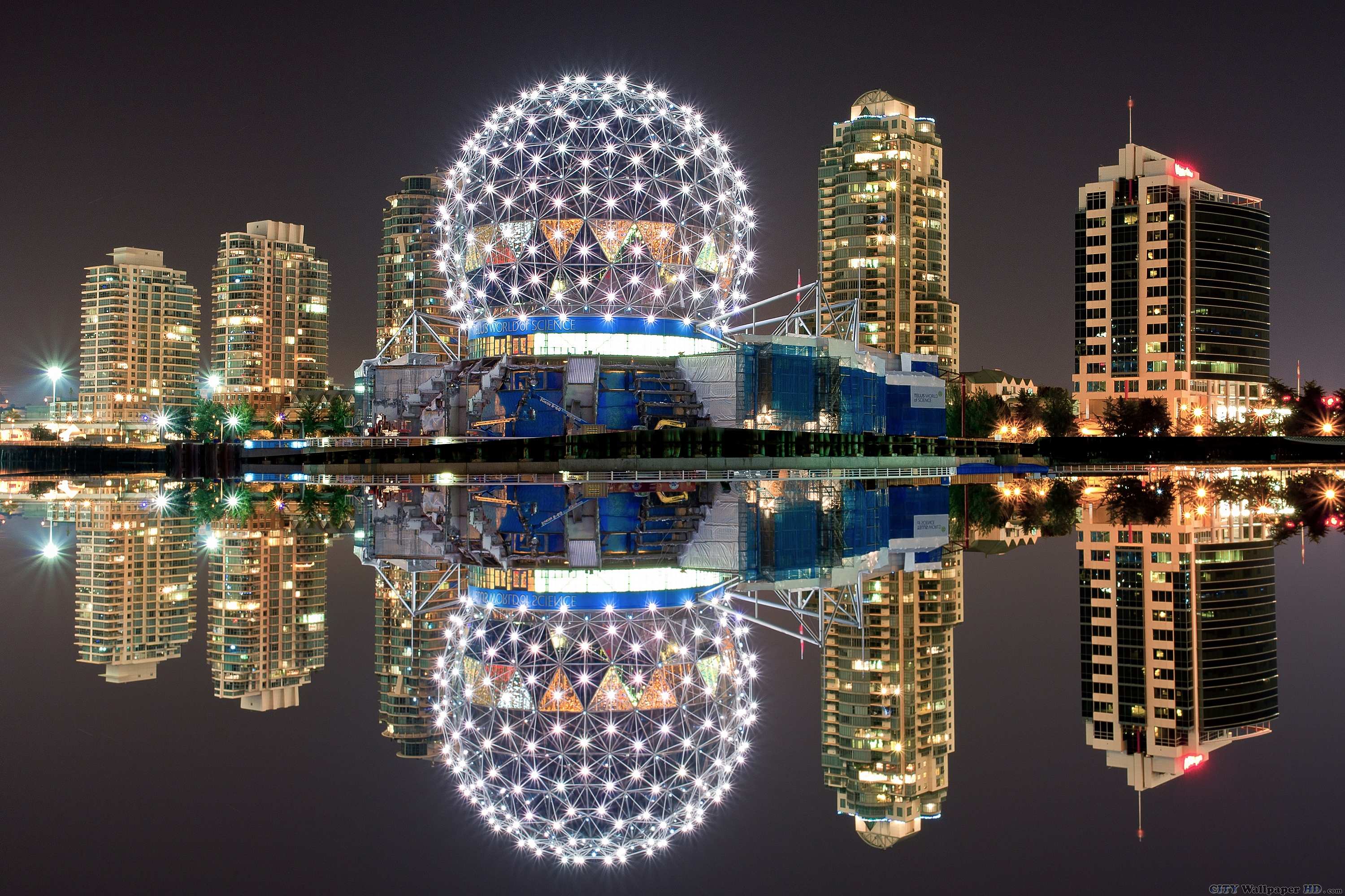 3000x2000 Vancouver wallpaper. Background cities for PC. Vancouver, Canada, buildings, night, lights, reflection, water