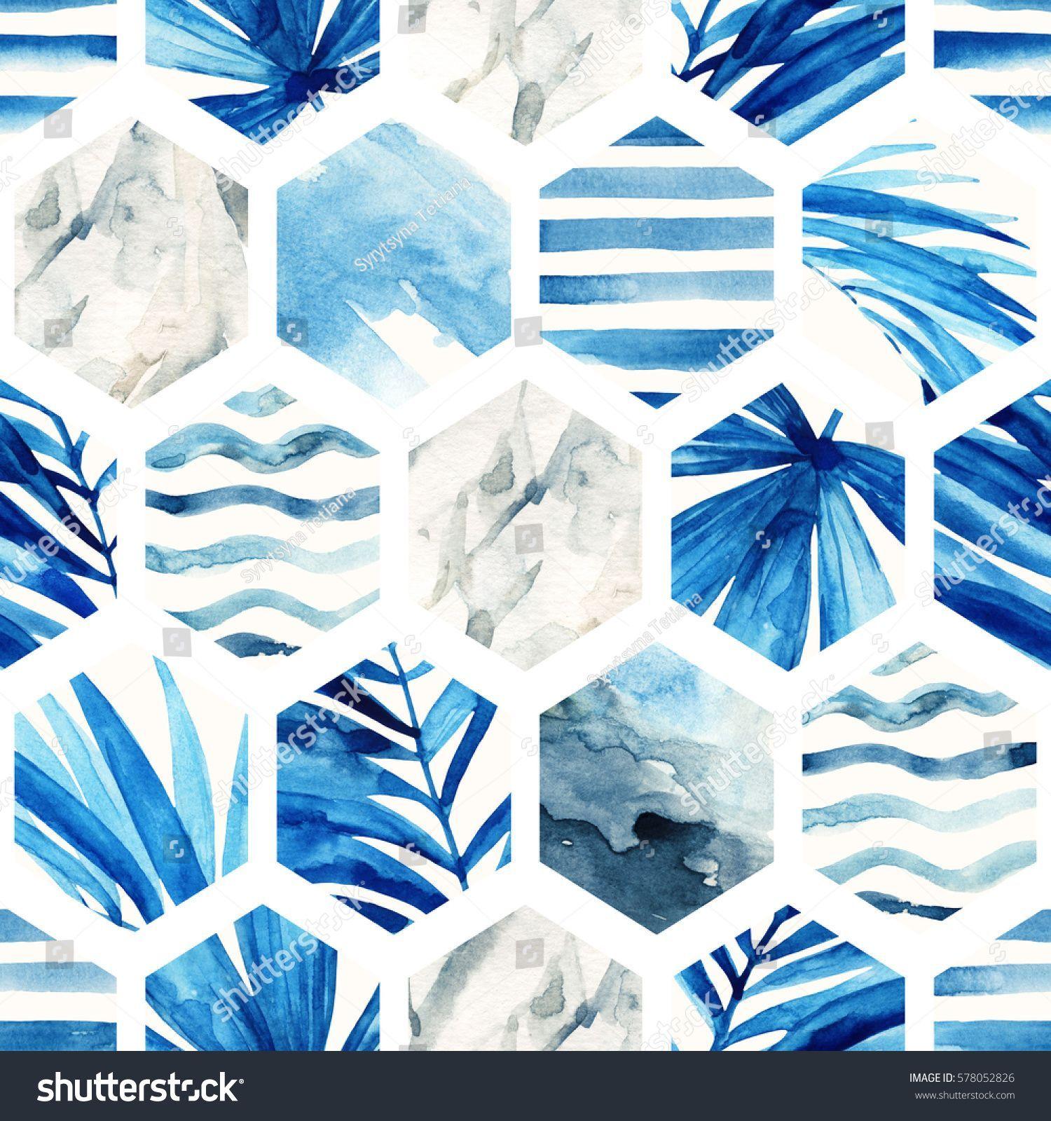 1500x1600 Abstract geometric seamless pattern on light background. Watercolor hexagon with palm leaves, waves, st. Blue marble wallpaper, Paper background texture, Abstract