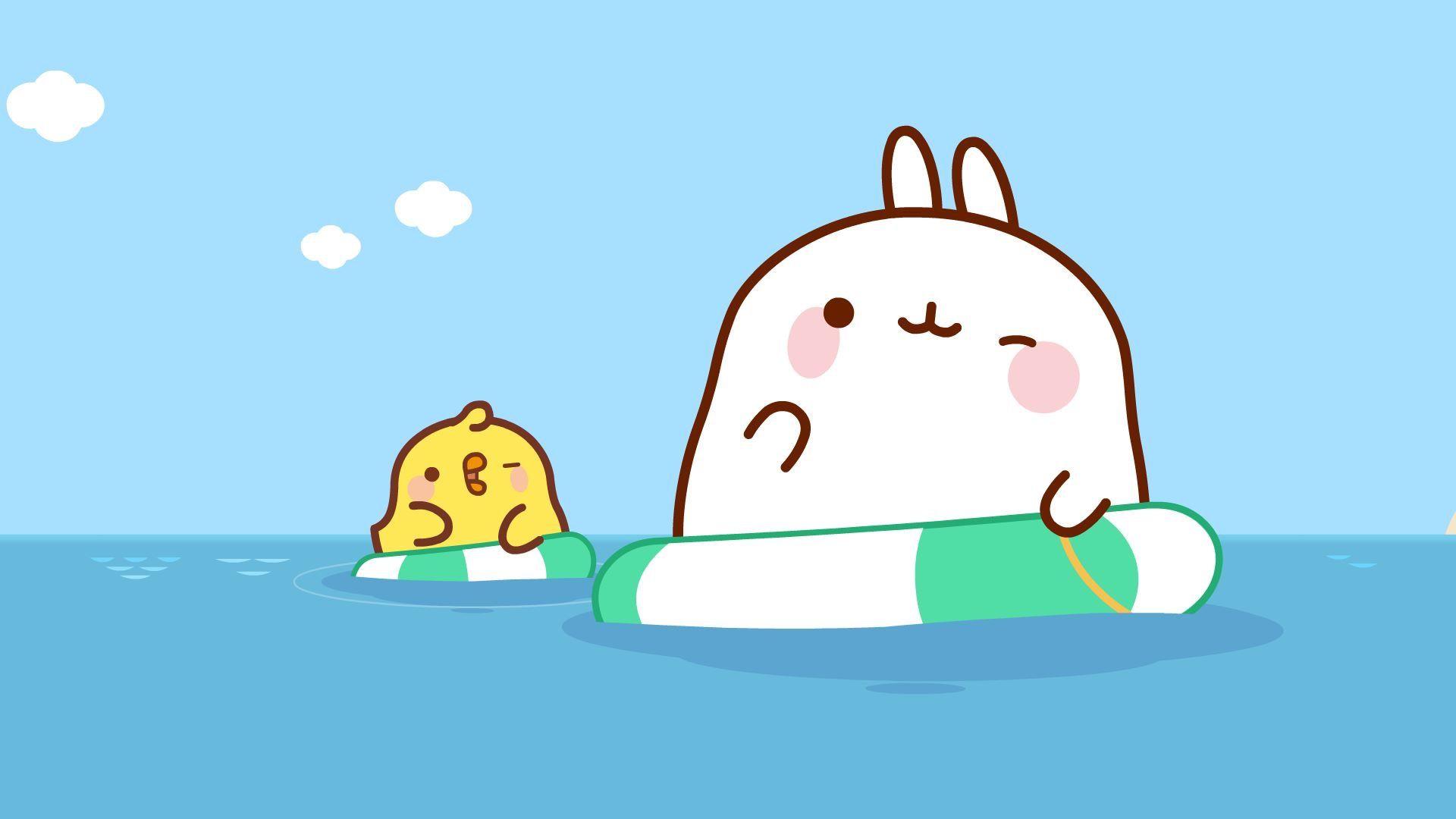 1920x1080 Molang and piu piu swimming. Molang, Kawaii drawings, Little doodles