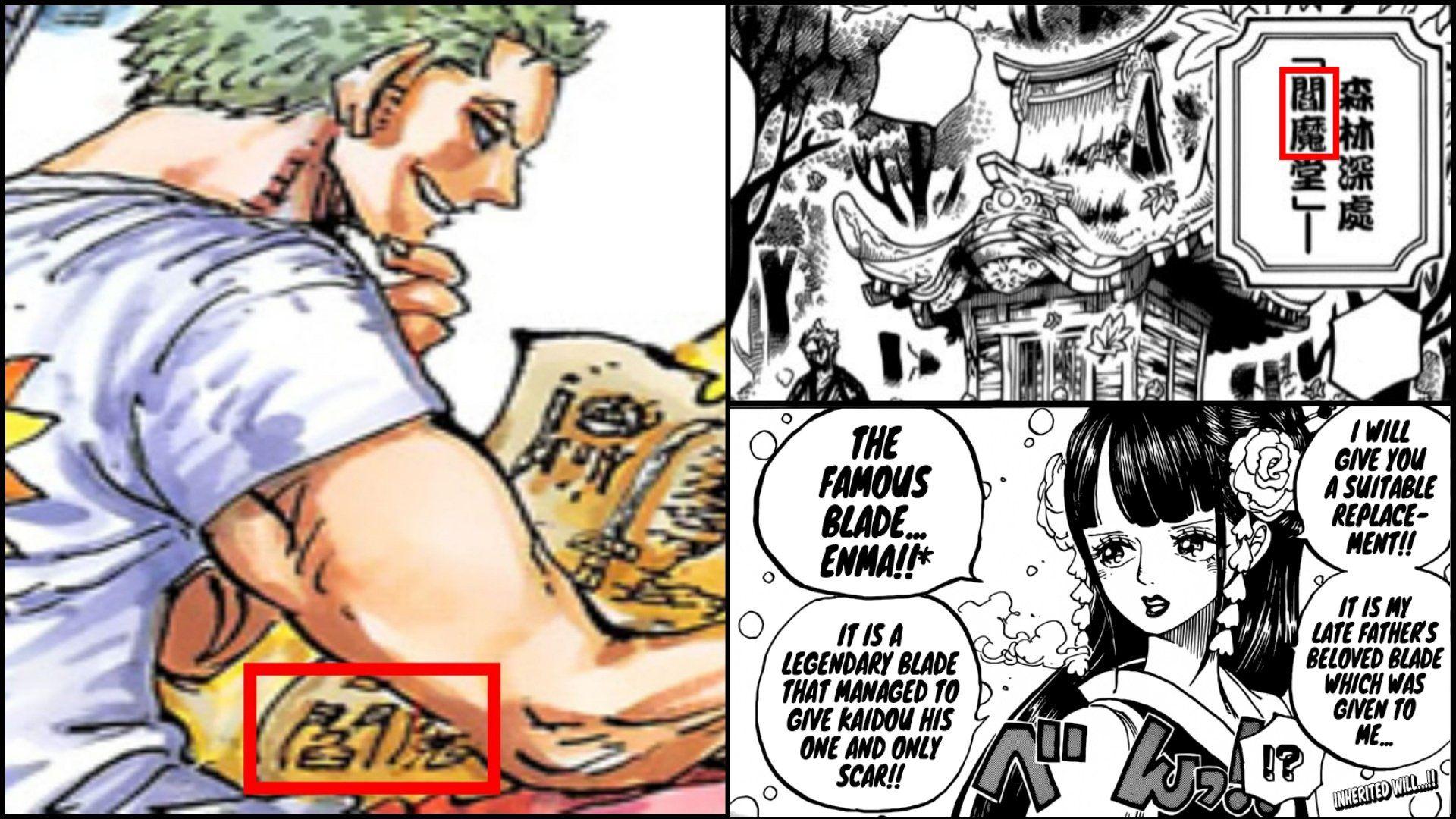 1920x1080 Kumi the color spread for chapter Zoro is looking at a sword with the Kanji for Enma 阎魔. There's even a shrine dedicated to Enma in chapter 950