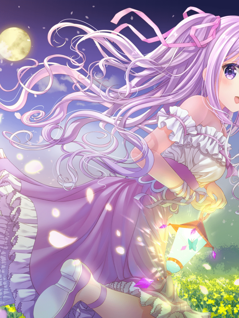 768x1024 Download 768x1024 Anime Girl, Purple Hair, Moon, Petals, Blossom, Dress, Smiling Wallpaper for Apple iPad Apple iPad Mini