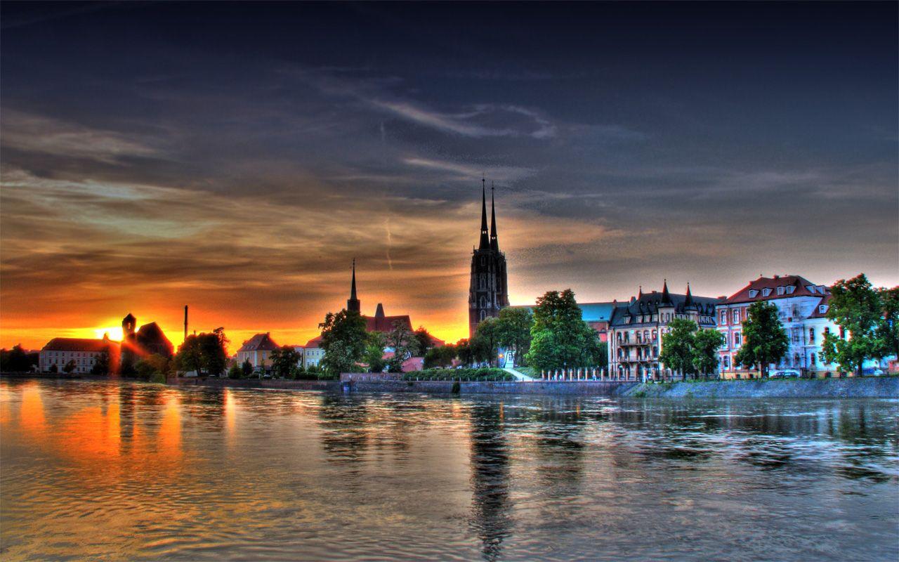 Wroclaw university, view from river odra, in the evening. poland. europe. |  CanStock