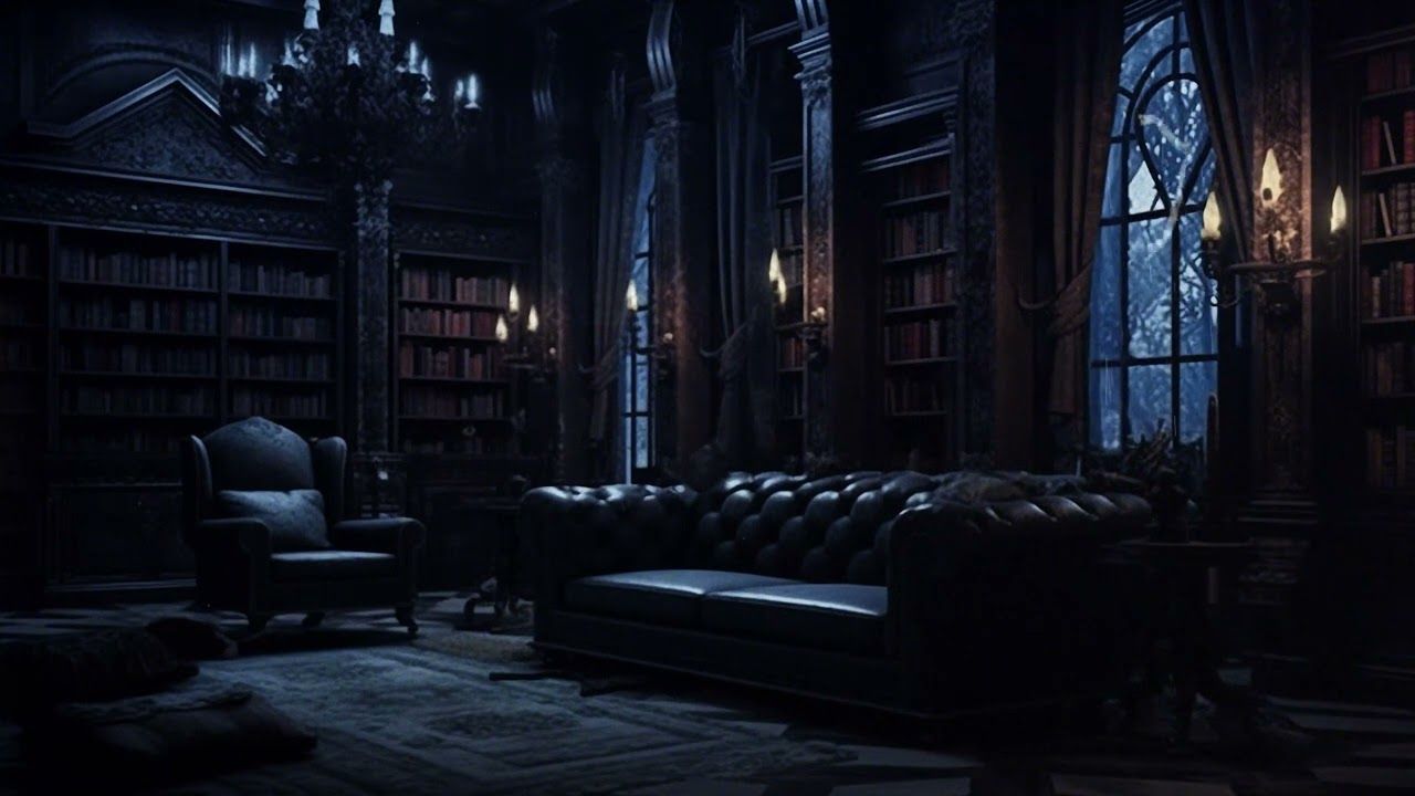 1280x720 Gothic Library. Dark Academia Thunderstorm Ambience