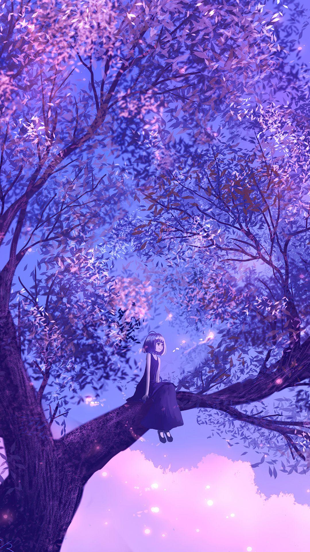 1080x1920 Anime Girl Sitting On Purple Big Tree 4k iPhone 6s, 6 Plus, Pixel xl , One Plus 3t, 5 HD 4k Wallpaper, Image, Background, Photo and Picture