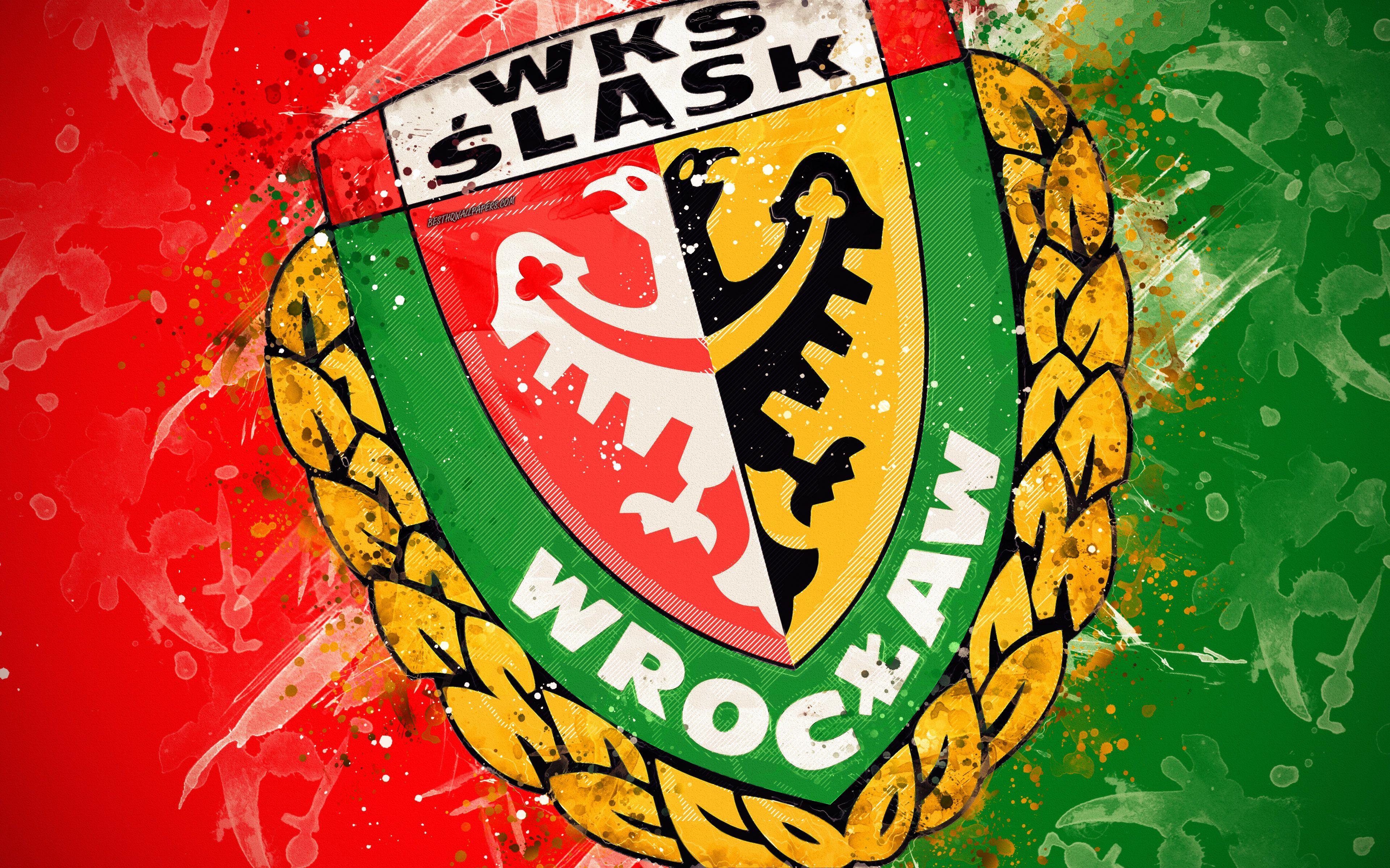3840x2400 Download wallpaper WKS Slask Wroclaw, 4k, paint art, logo, creative, Polish football team, Ekstraklasa, emblem, green red background, grunge style, Wroclaw, Poland, football for desktop with resolution 3840x2400. High Quality HD picture