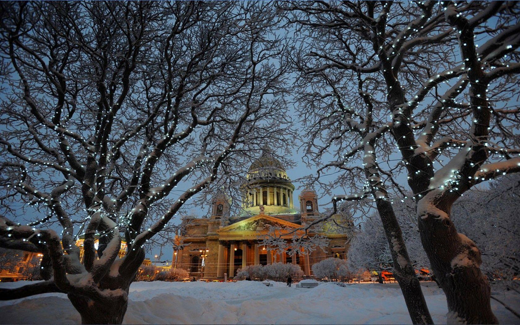 1680x1050 Wallpaper Winter Church Trees Snow St Petersburg, peterhof, russia :
