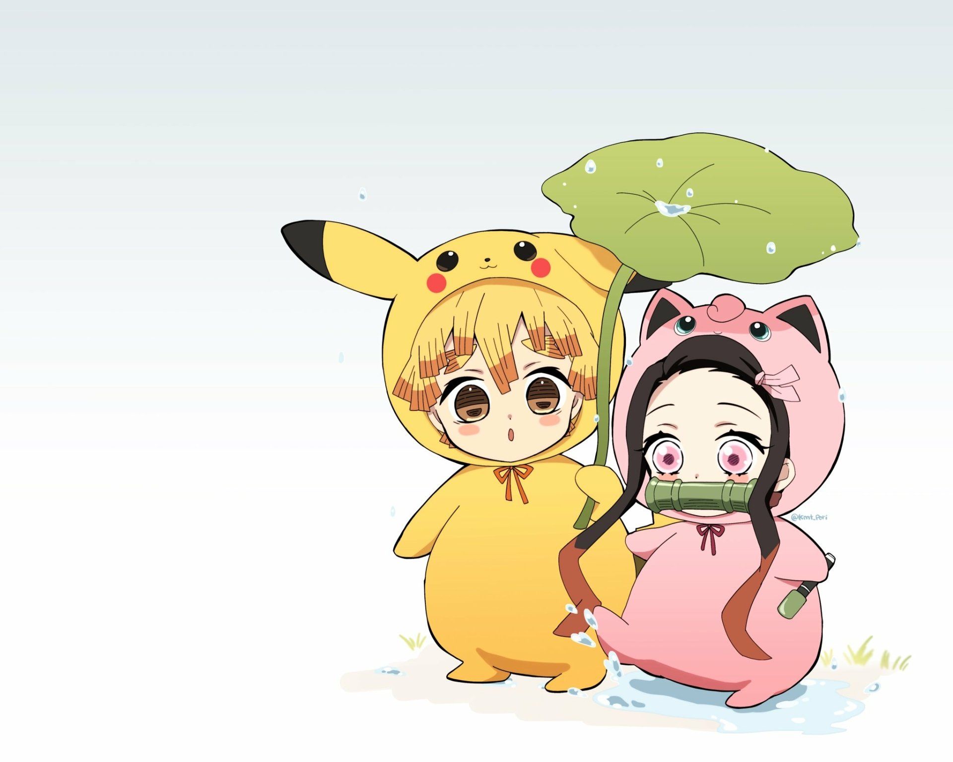 1920x1537 Cute Nezuko & Zenitsu in Pikachu & Frog Cosplay