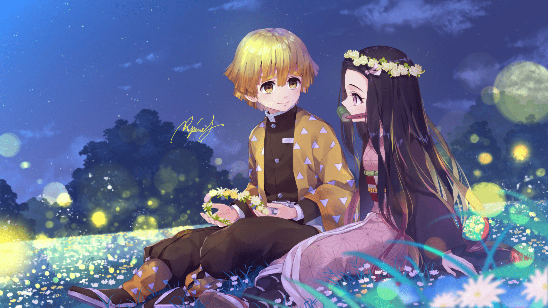 1920x1080 Nezuko and Zenitsu Flower Crown HD Wallpaper Slayer by ルピネスx1080