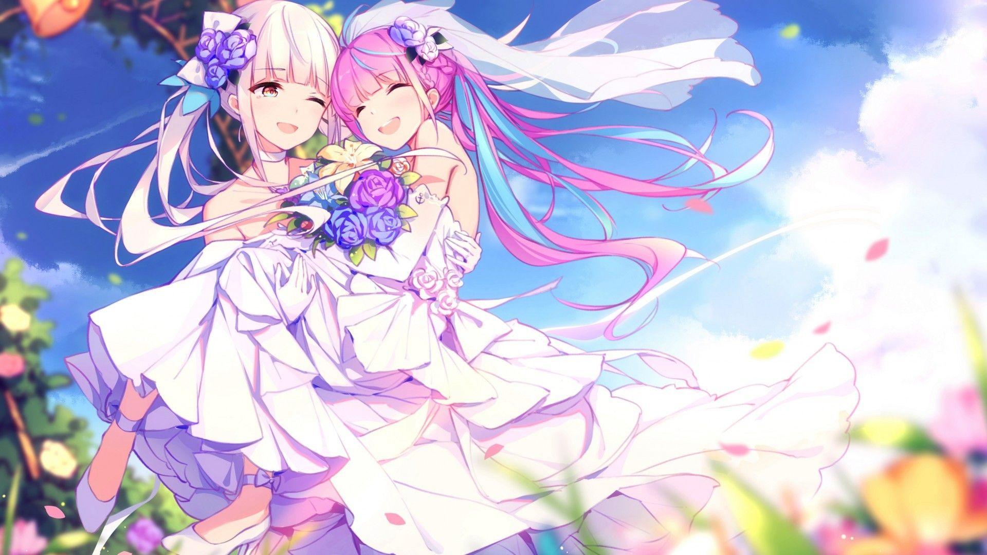 1920x1080 Download 1920x1080 Project Paryi, Minato Aqua, Kagura Mea, Hololive, Wedding, Bride, Crossover, Cute, Happy Face Wallpaper for Widescreen