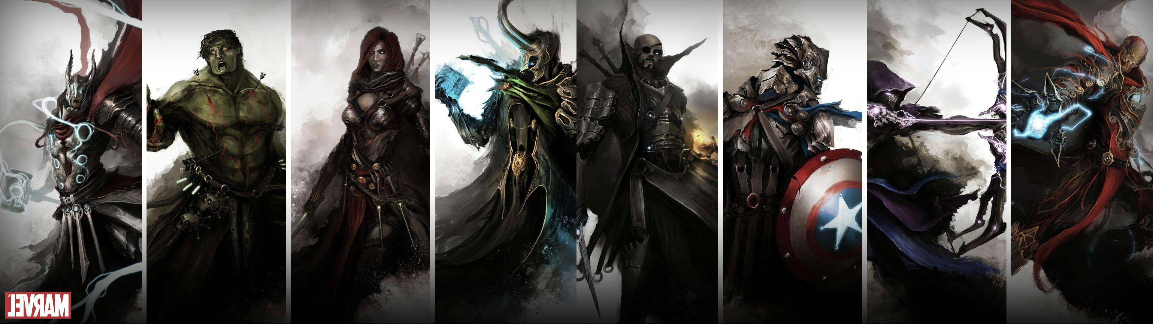 3840x1080 fantasy Art, Iron Man, Hawkeye, Captain America, Nick Fury, Loki, Black Widow, Hulk, Thor, Panels Wallpaper HD / Desktop and Mobile Background