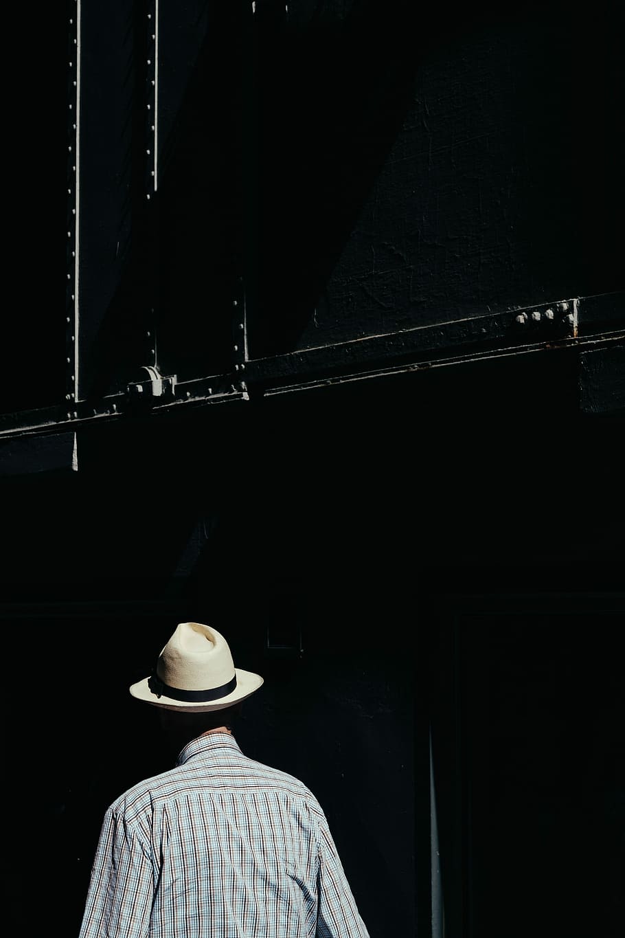 910x1365 HD Wallpaper: Man Wearing White Hat, Man Wearing Beige Fedora Hat And Gray, Brown, And Black Plaid Long Sleeved Dress Shirt