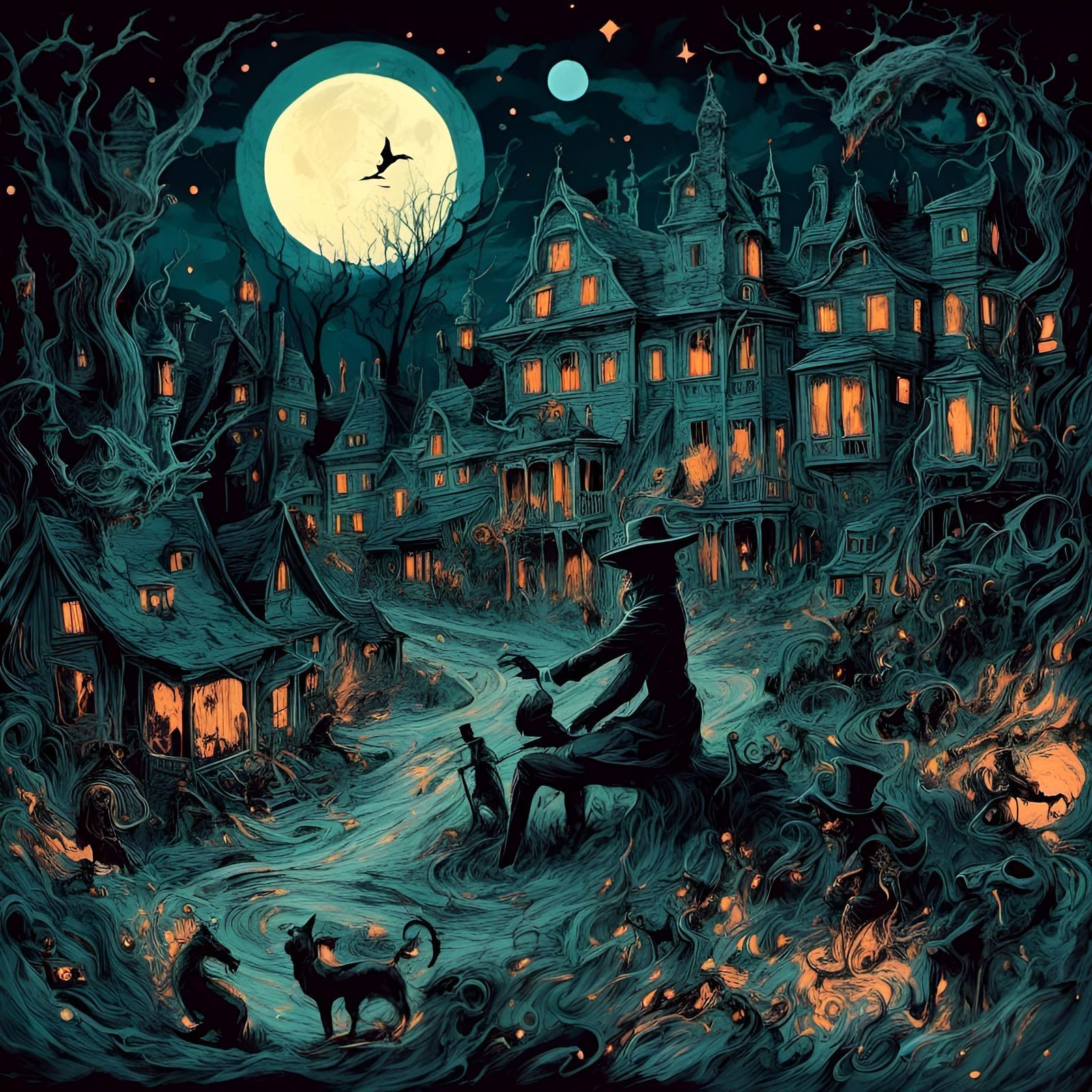 1600x1600 Hatman and Shadow People in Surreal Macabre Art