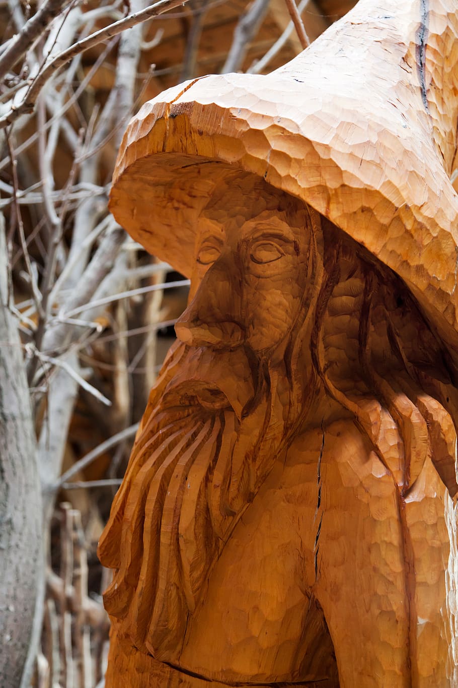 910x1365 HD wallpaper: art, carved, face, figurine, handmade, hat, man, sculpture