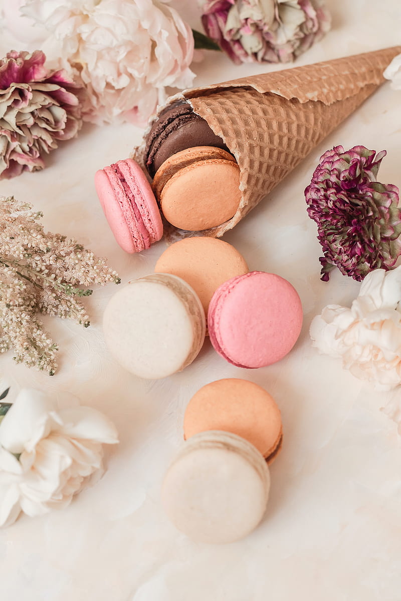 800x1200 Macarons, cookies, cone, dessert, flowers, HD phone wallpaper