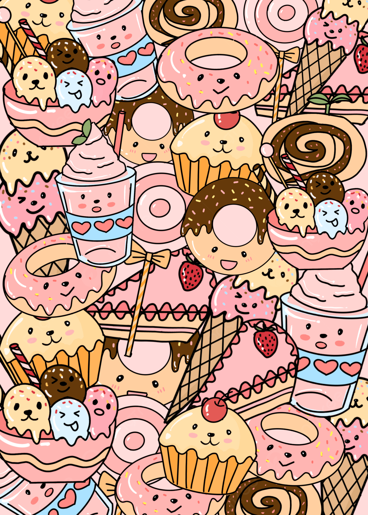 1200x1680 Cute Cartoon Pink Dessert Stacking Background Wallpaper Image For Free Download