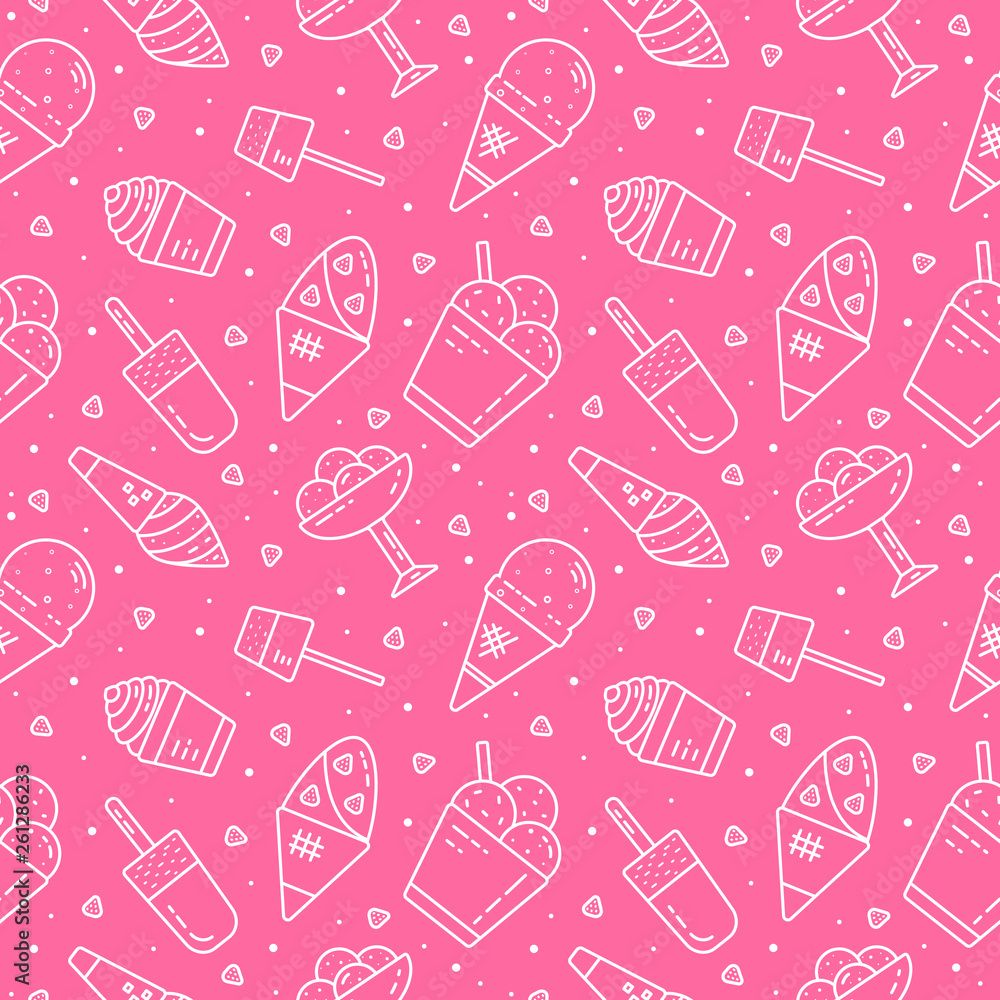 1000x1000 Cute hand drawn pink seamless pattern with different types of ice cream. Endless texture with sweet desserts for cafe or restaurant menu, wrapping paper, fabric, wallpaper. illustration Stock Illustration