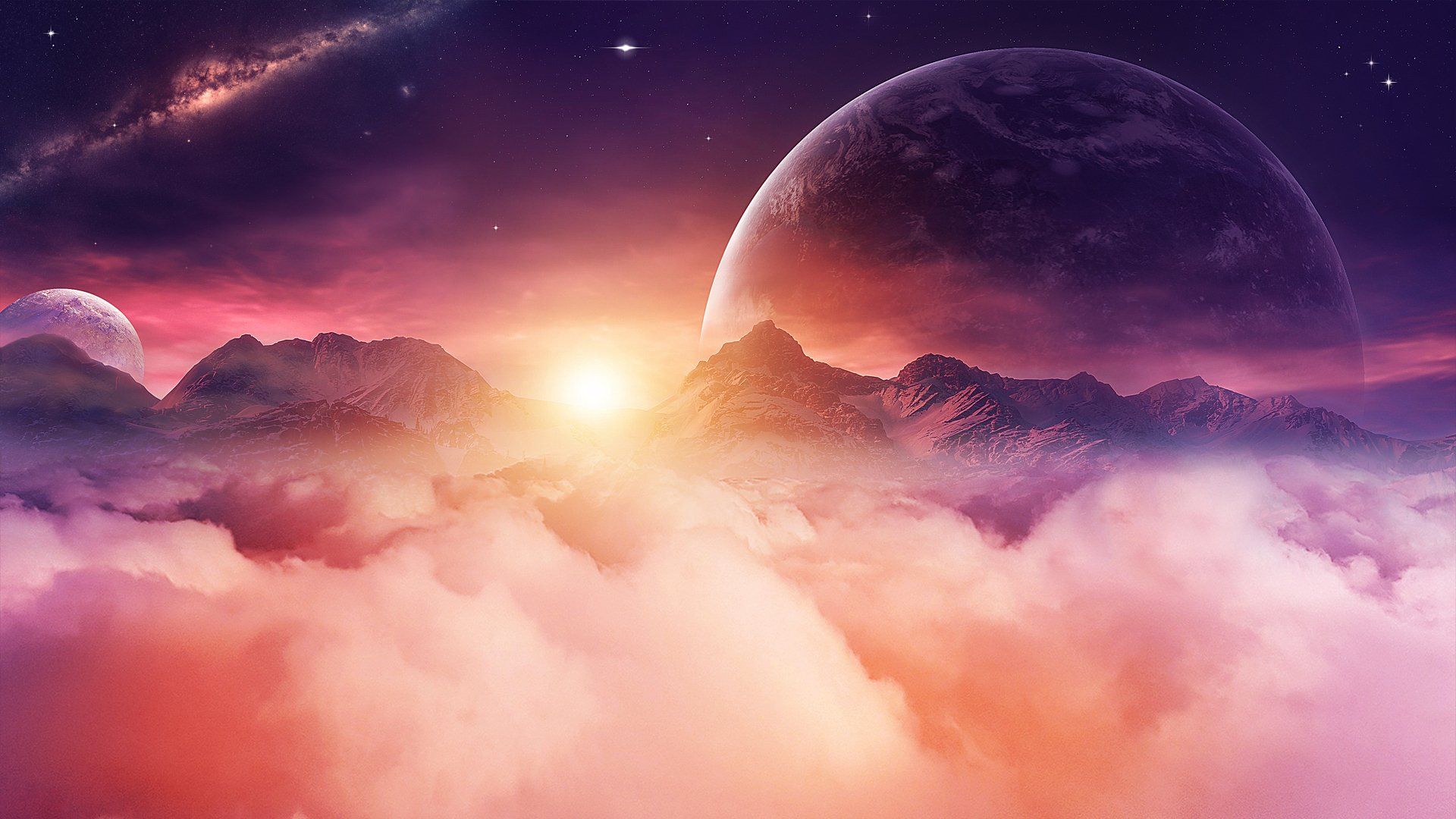 1920x1080 Download Sky Galaxy Cloud Mountain Sunbeam Sunset Moon Planet Sci Fi Landscape HD Wallpaper
