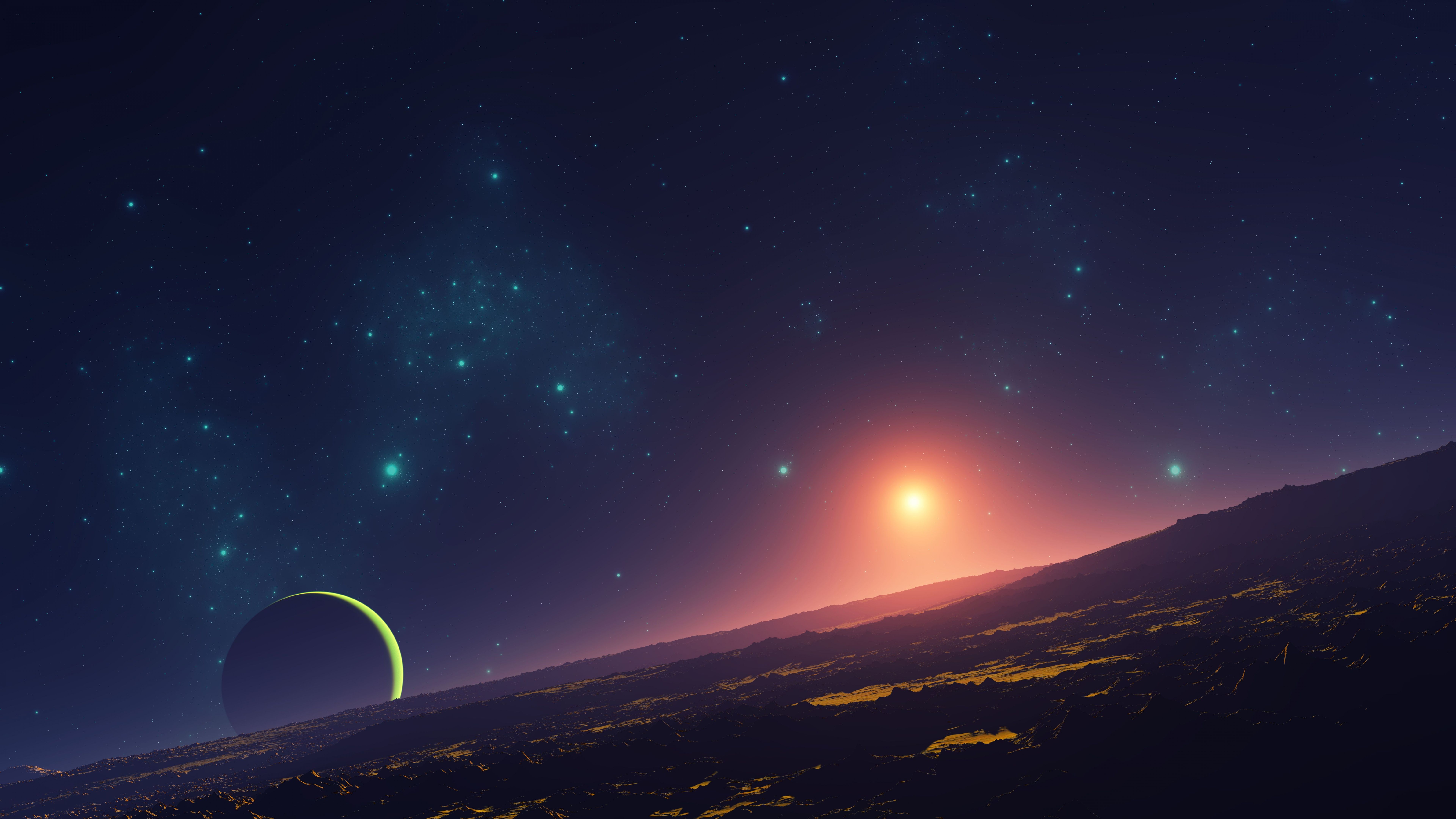 7680x4320 Sunset Wallpaper 4K, Planet, Stars, Aerial view