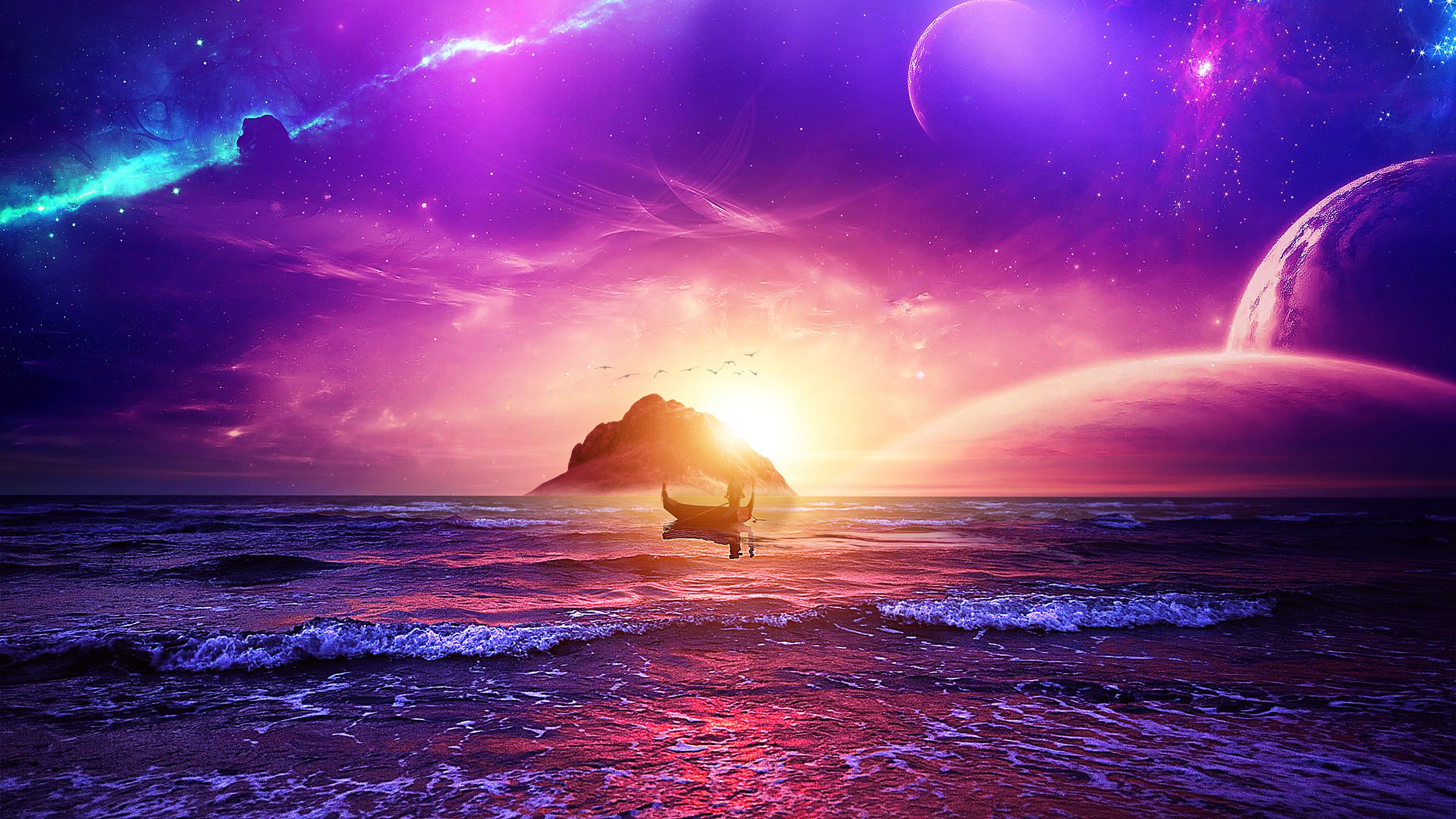 3840x2160 Wallpaper Galaxy, digital art, stars, space, man, purple, sunset, sky for mobile and desktop, section космос, resolution 3840x2160