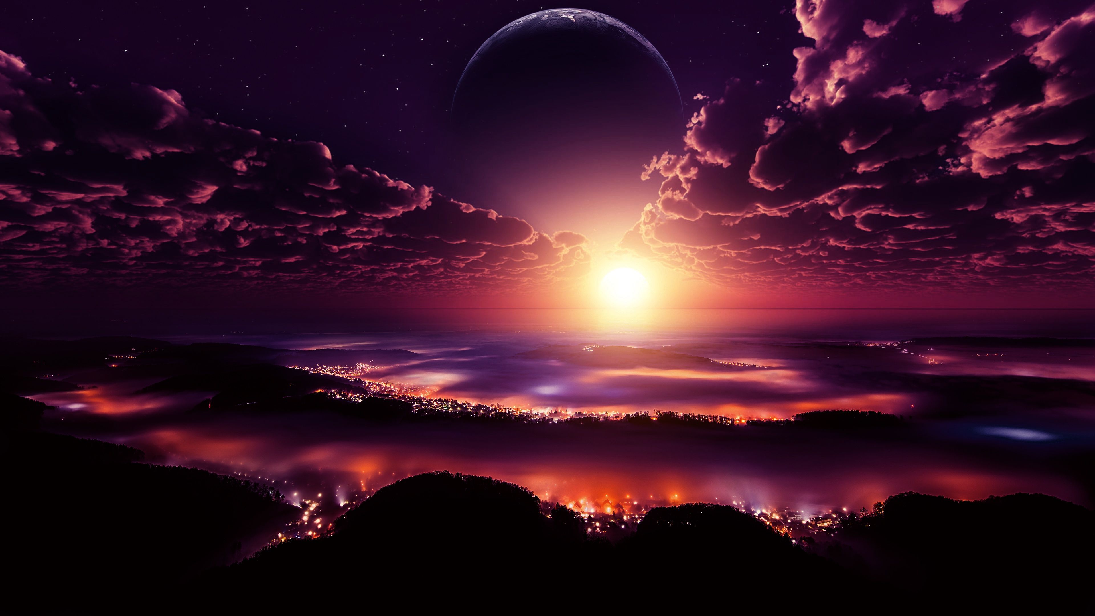 3840x2160 Wallpaper stars, planet, digital, space, clouds, city, lights, sunset for mobile and desktop, section космос, resolution 3840x2160